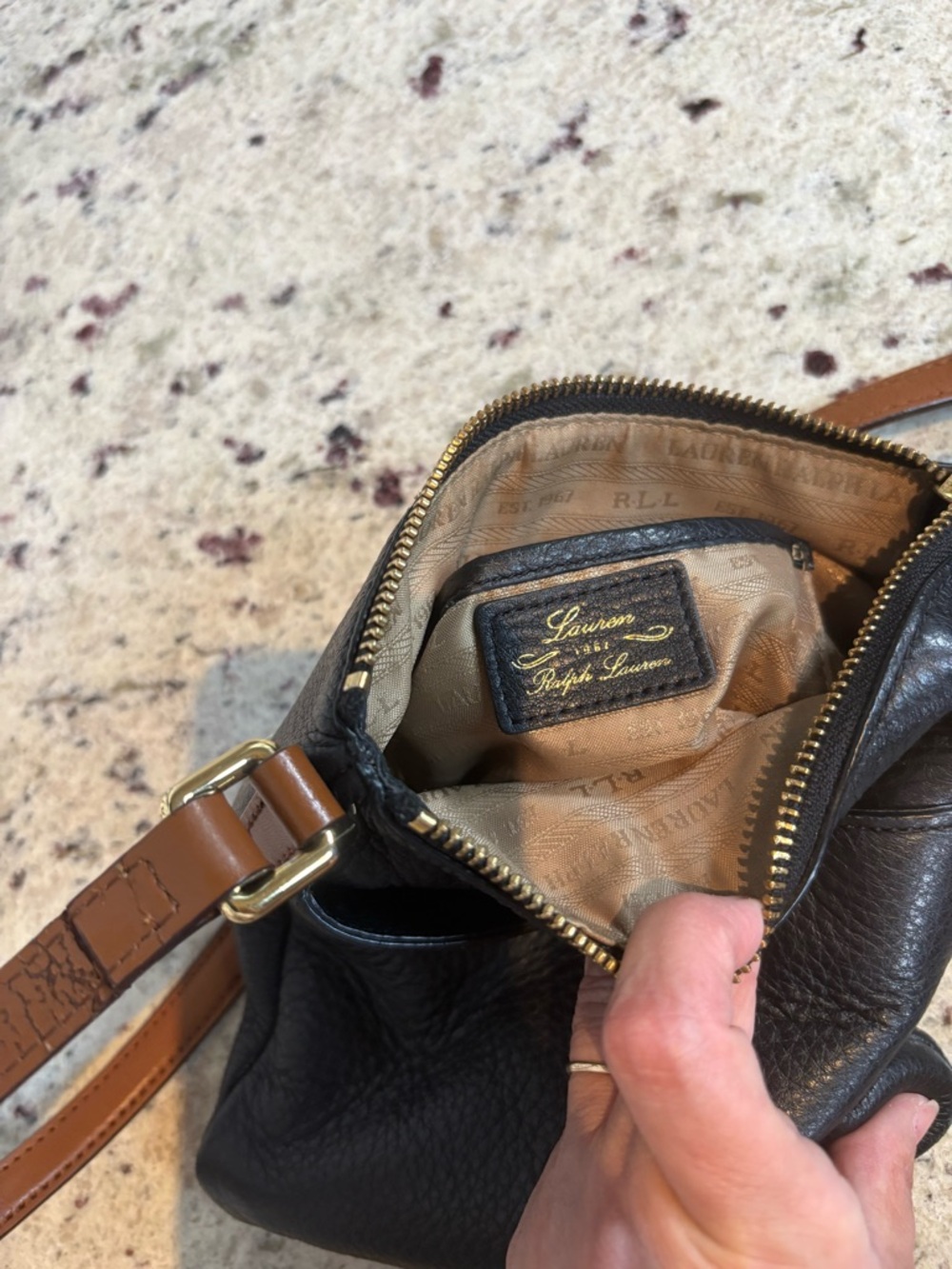 Ralph Lauren Black Pebbled Leather Crossbody with Brown Strap - Picture 11 of 16